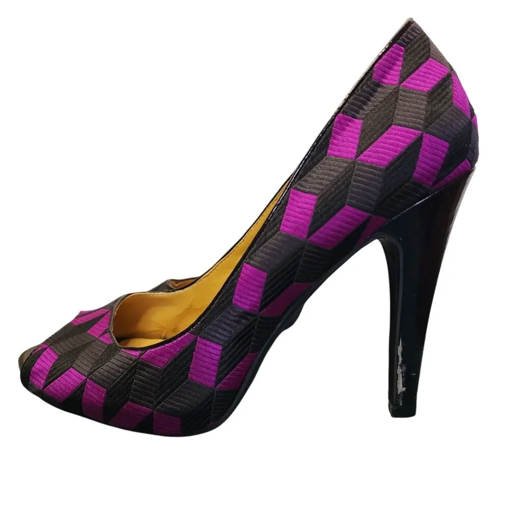 Nine West Women's Shoes, Purple & Black Fabric Peep Toe High Heel Pumps, Sz 8M